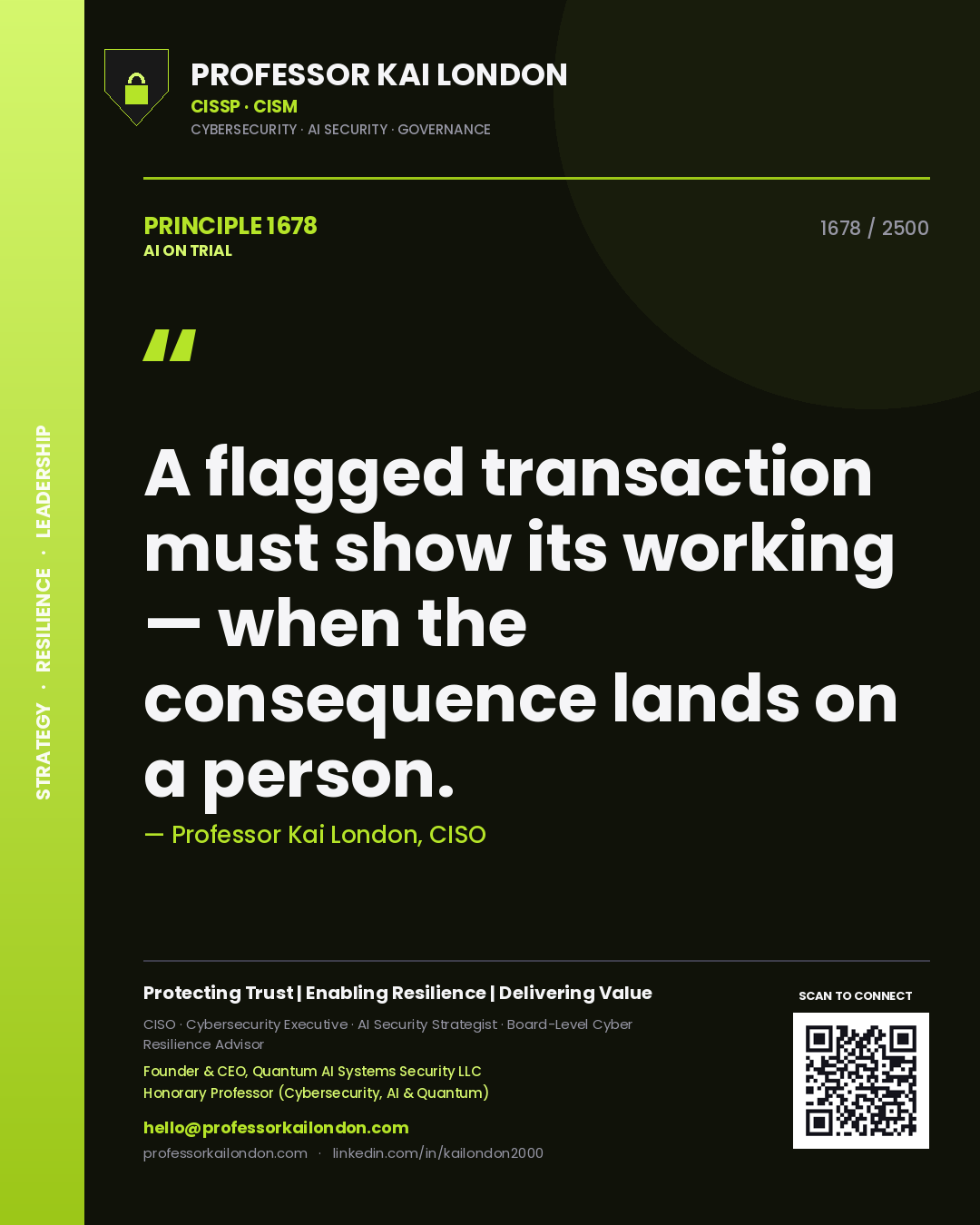 Quote card by Professor Kai London reading 'A flagged transaction must show its working — when the consequence lands on a person.'. From the book AI on Trial.