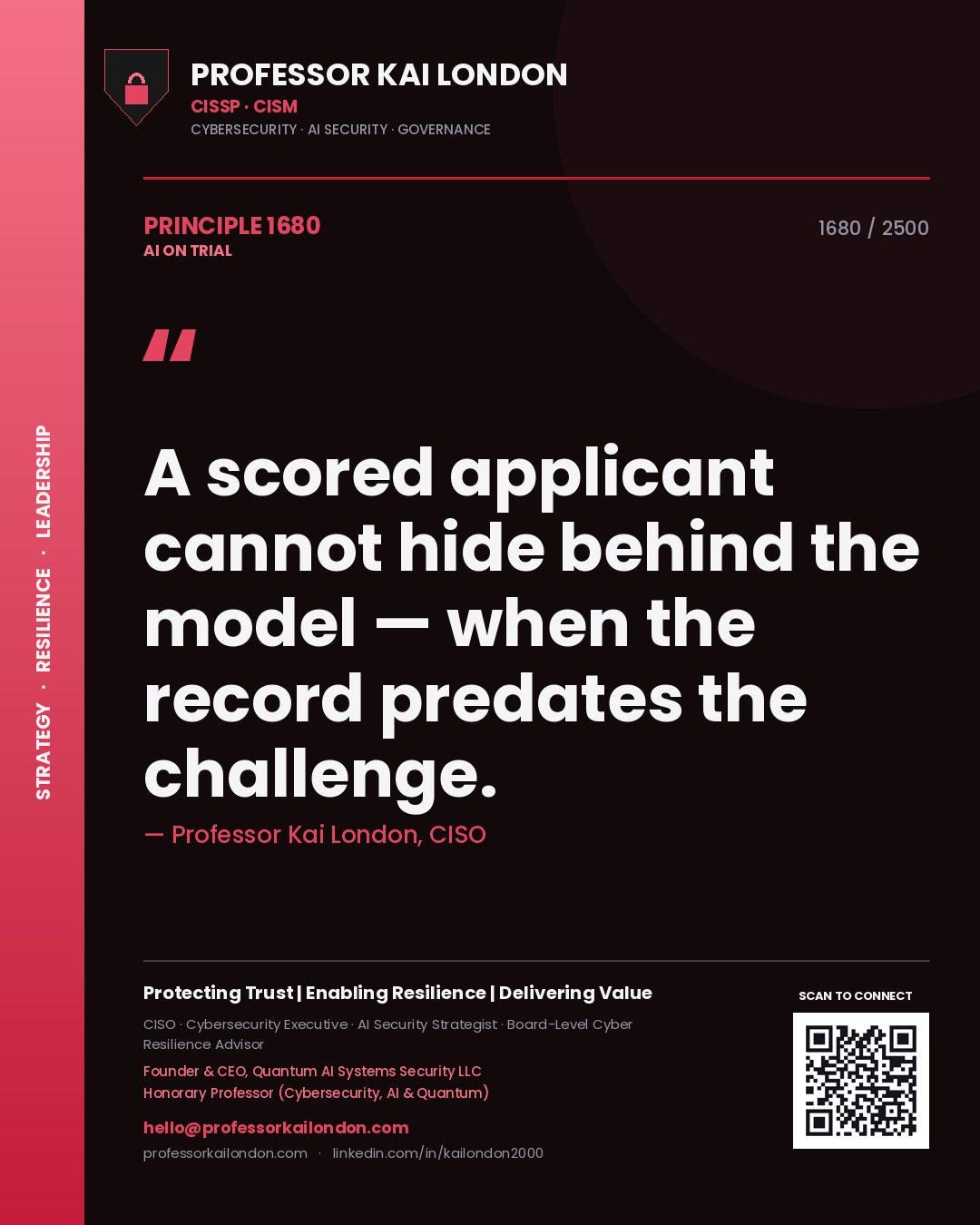 Quote card by Professor Kai London reading 'A scored applicant cannot hide behind the model — when the record predates the challenge.'. From the book AI on Trial.