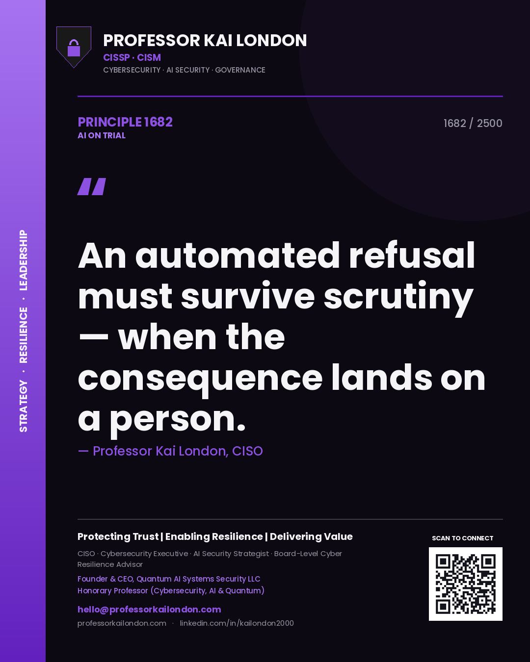 Quote card by Professor Kai London reading 'An automated refusal must survive scrutiny — when the consequence lands on a person.'. From the book AI on Trial.