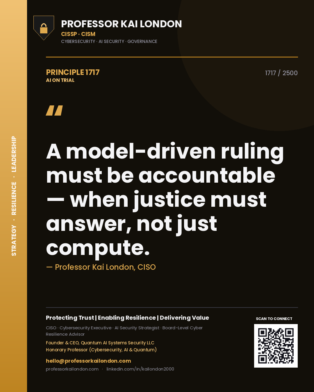 Quote card by Professor Kai London reading 'A model-driven ruling must be accountable — when justice must answer, not just compute.'. From the book AI on Trial.