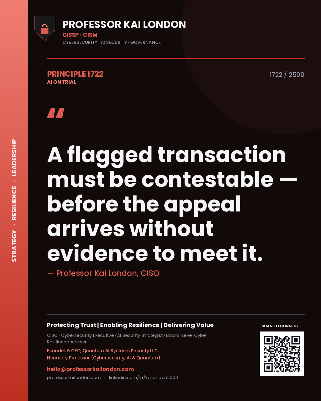 Quote card by Professor Kai London reading 'A flagged transaction must be contestable — before the appeal arrives without evidence to meet it.'. From the book AI on Trial.