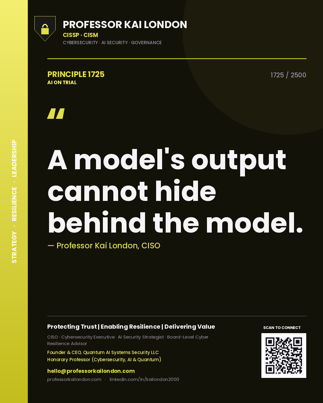 Quote card by Professor Kai London reading 'A model's output cannot hide behind the model.'. From the book AI on Trial.