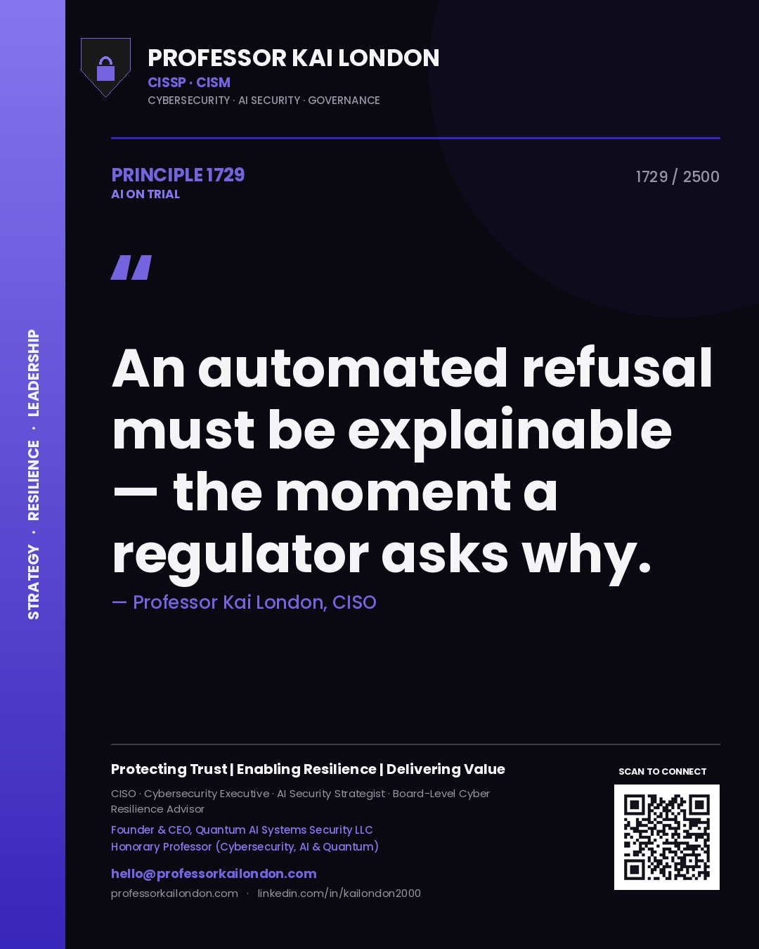 Quote card by Professor Kai London reading 'An automated refusal must be explainable — the moment a regulator asks why.'. From the book AI on Trial.