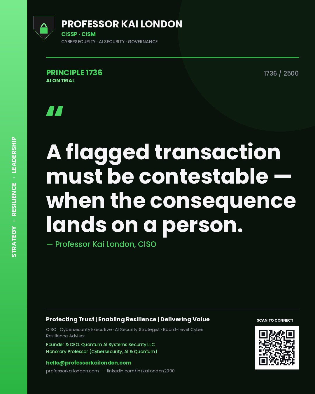 Quote card by Professor Kai London reading 'A flagged transaction must be contestable — when the consequence lands on a person.'. From the book AI on Trial.
