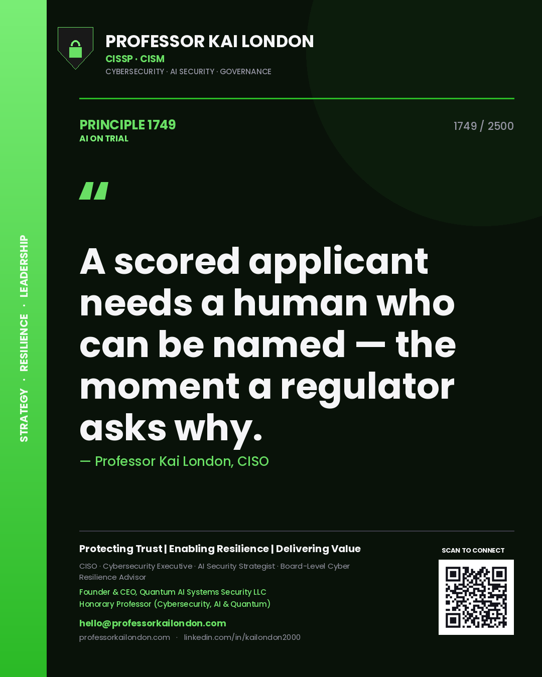 Quote card by Professor Kai London reading 'A scored applicant needs a human who can be named — the moment a regulator asks why.'. From the book AI on Trial.