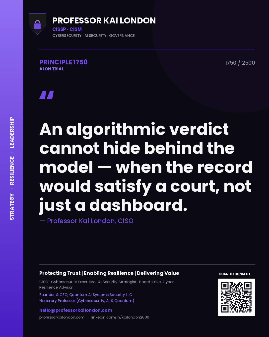 Professor Kai London principle 1750: An algorithmic verdict cannot hide behind the model — when the record would satisfy a court, not just a dashboard.