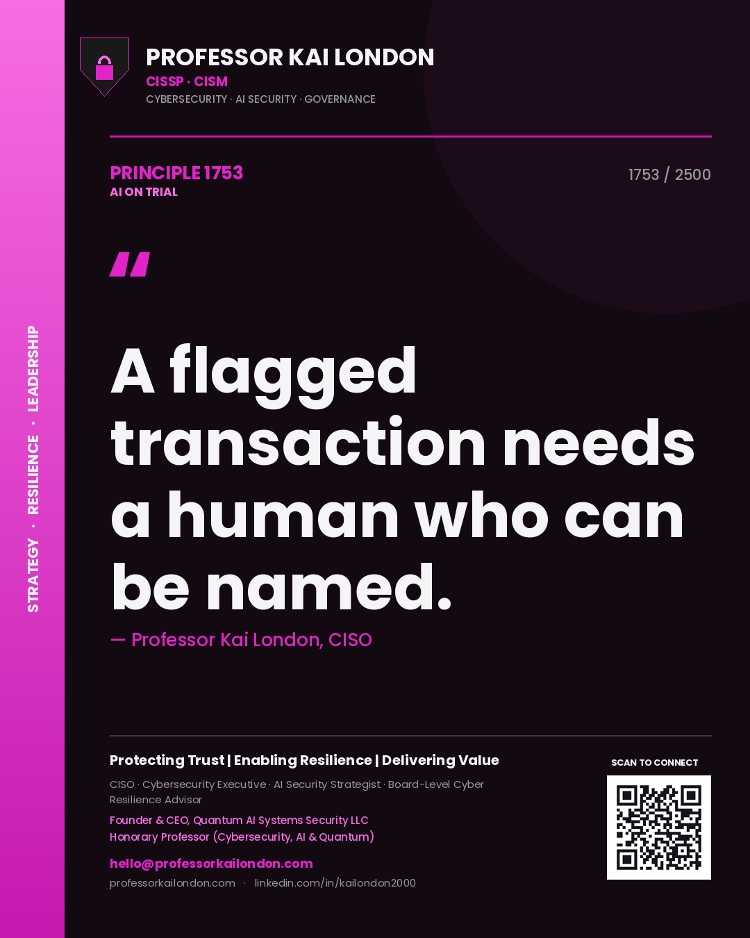 Quote card by Professor Kai London reading 'A flagged transaction needs a human who can be named.'. From the book AI on Trial.