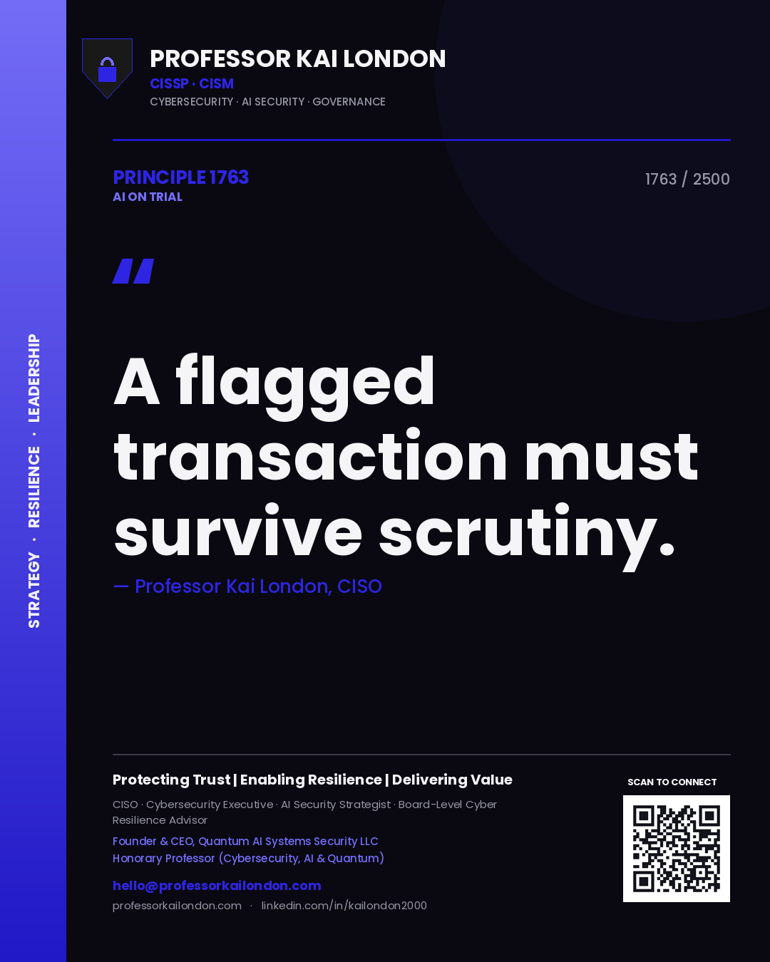 Quote card by Professor Kai London reading 'A flagged transaction must survive scrutiny.'. From the book AI on Trial.