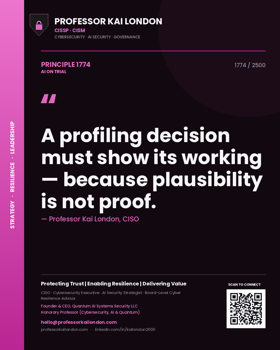 Quote card by Professor Kai London reading 'A profiling decision must show its working — because plausibility is not proof.'. From the book AI on Trial.