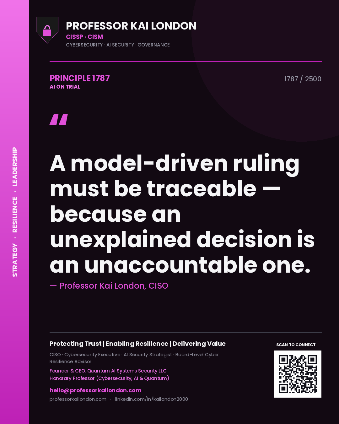 Quote card by Professor Kai London reading 'A model-driven ruling must be traceable — because an unexplained decision is an unaccountable one.'. From the book AI on Trial.