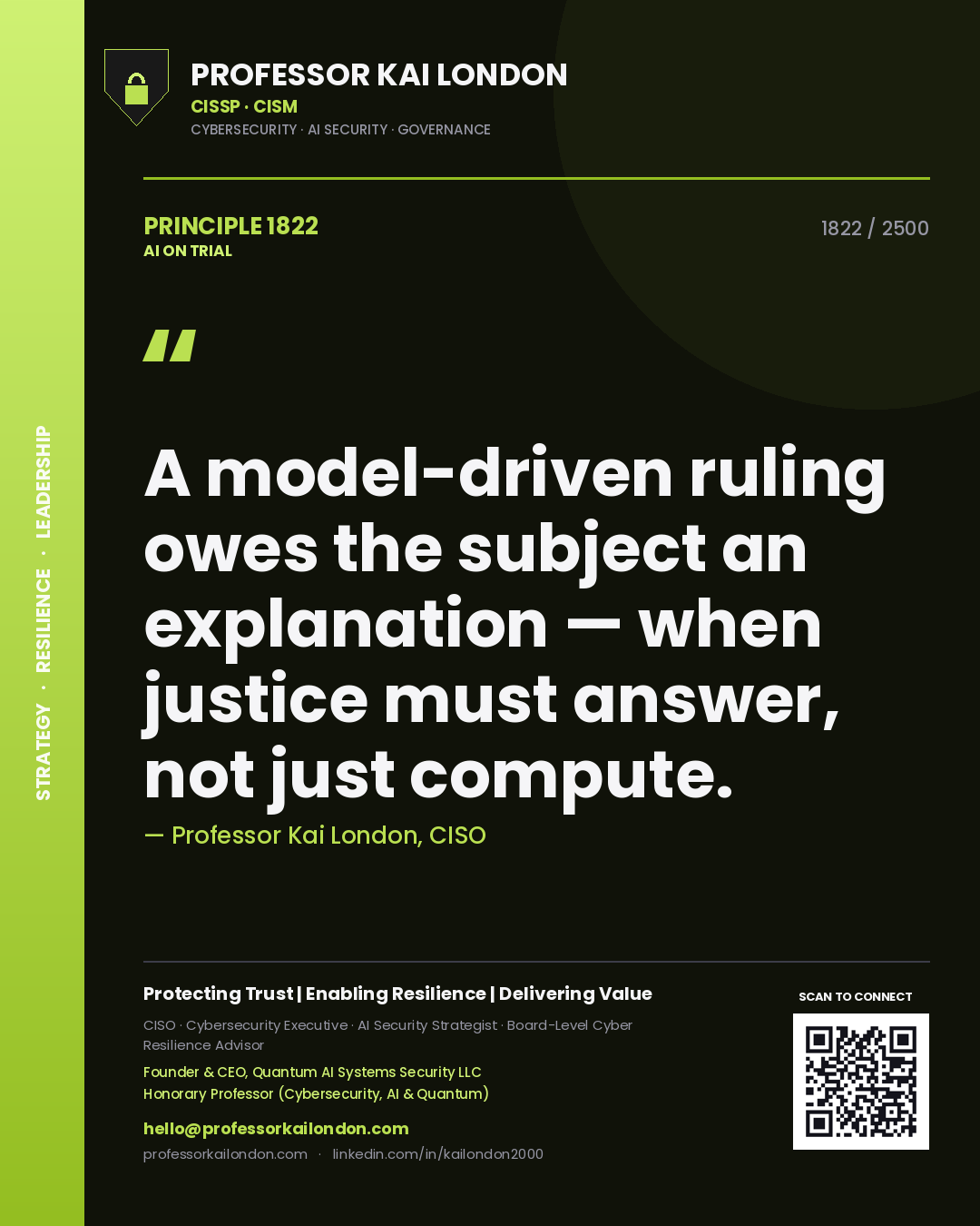 Quote card by Professor Kai London reading 'A model-driven ruling owes the subject an explanation — when justice must answer, not just compute.'. From the book AI on Trial.