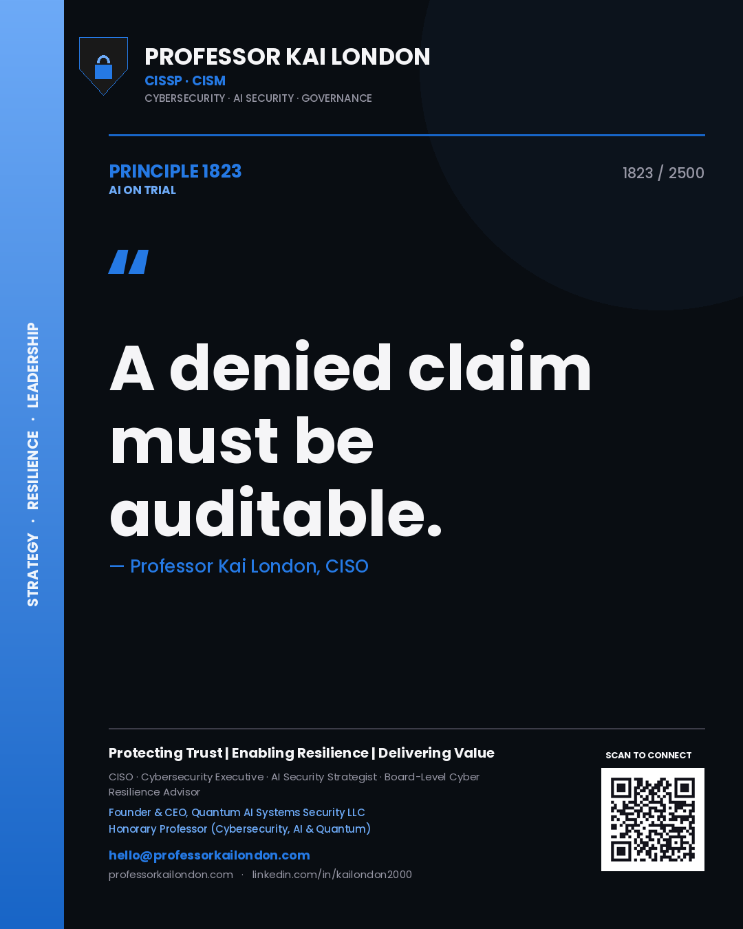 Quote card by Professor Kai London reading 'A denied claim must be auditable.'. From the book AI on Trial.