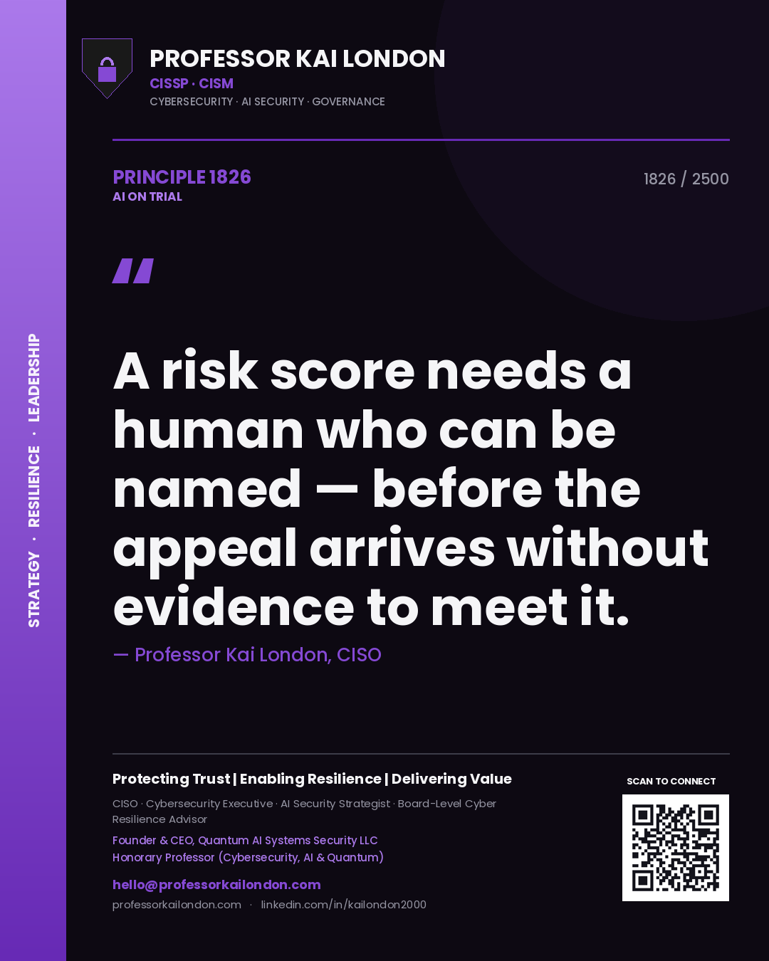 Quote card by Professor Kai London reading 'A risk score needs a human who can be named — before the appeal arrives without evidence to meet it.'. From the book AI on Trial.