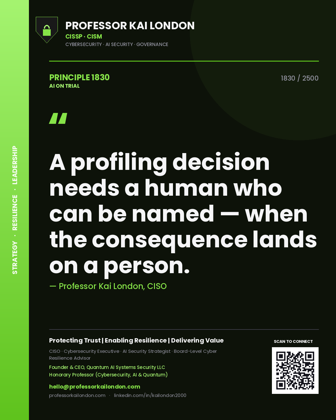 Quote card by Professor Kai London reading 'A profiling decision needs a human who can be named — when the consequence lands on a person.'. From the book AI on Trial.
