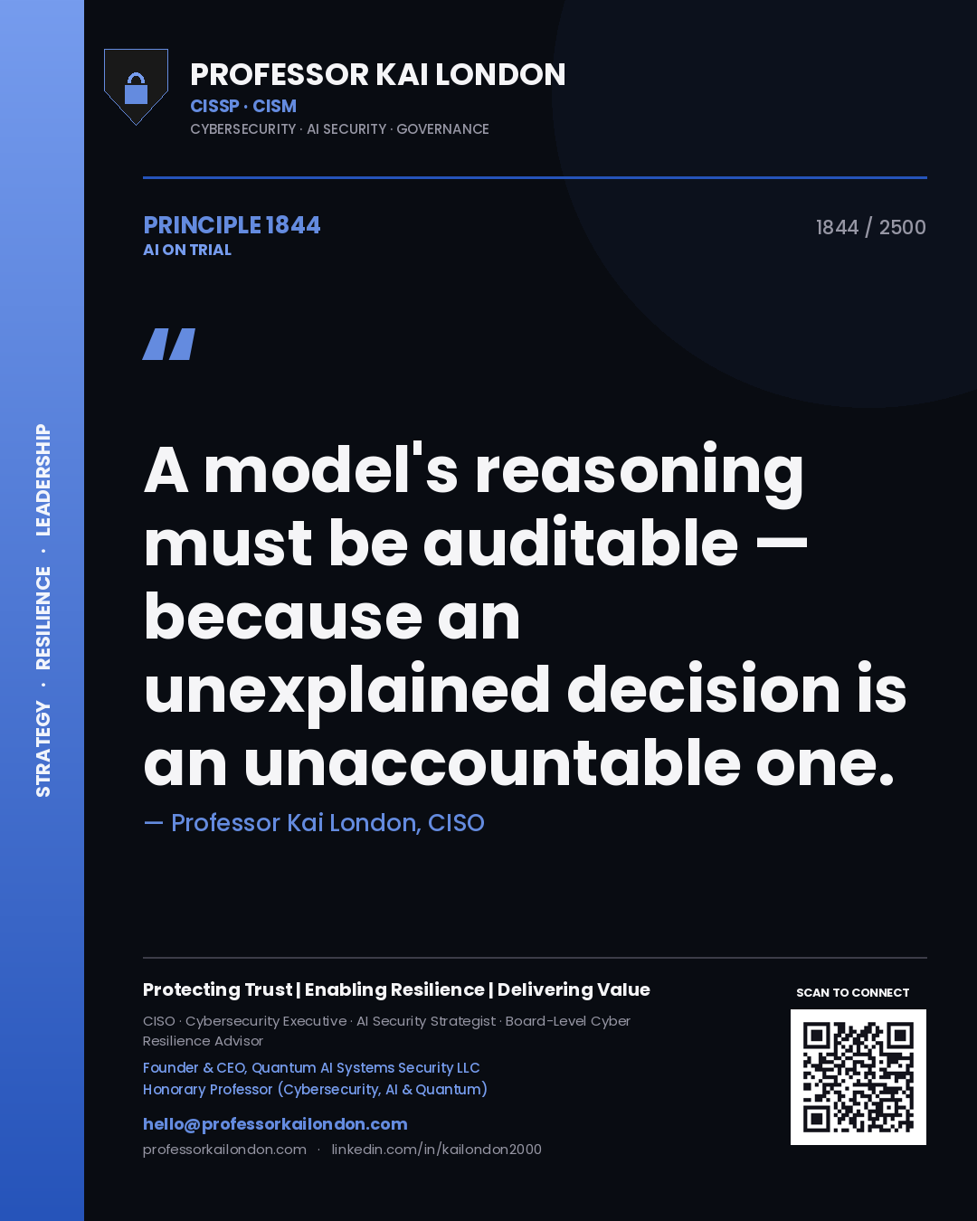 Quote card by Professor Kai London reading 'A model's reasoning must be auditable — because an unexplained decision is an unaccountable one.'. From the book AI on Trial.