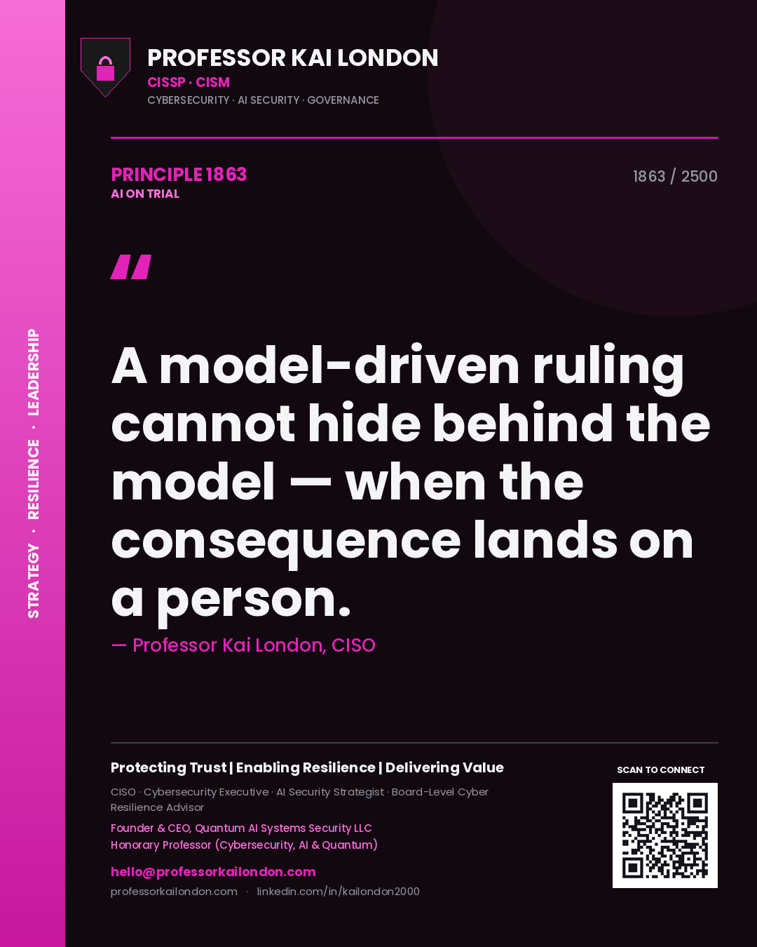 Quote card by Professor Kai London reading 'A model-driven ruling cannot hide behind the model — when the consequence lands on a person.'. From the book AI on Trial.