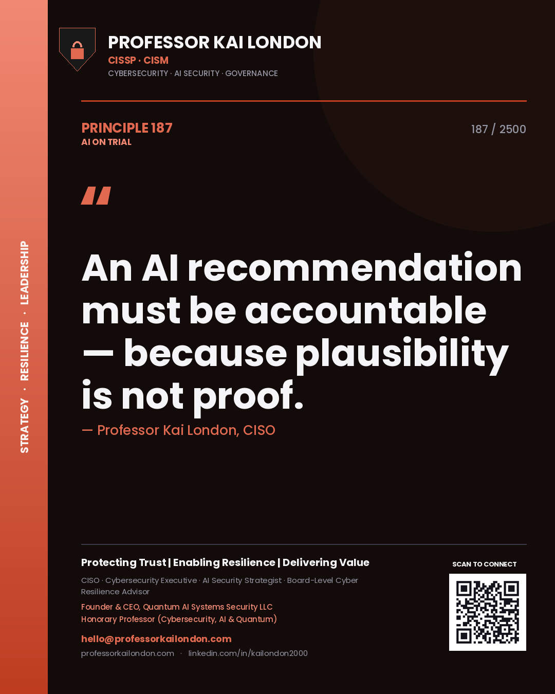 Professor Kai London principle 187: An AI recommendation must be accountable — because plausibility is not proof.