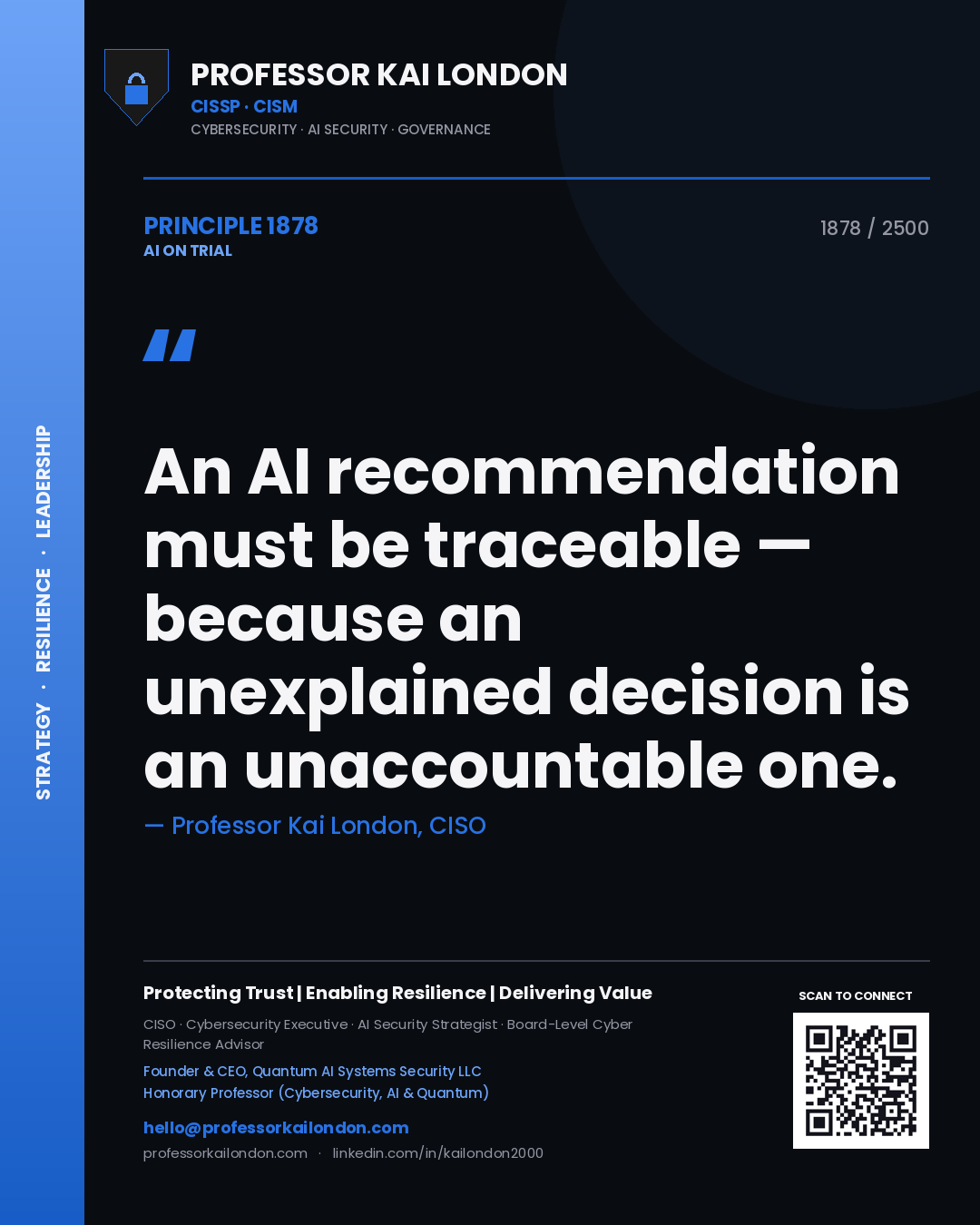 Quote card by Professor Kai London reading 'An AI recommendation must be traceable — because an unexplained decision is an unaccountable one.'. From the book AI on Trial.