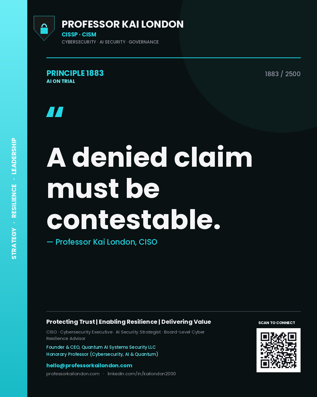 Quote card by Professor Kai London reading 'A denied claim must be contestable.'. From the book AI on Trial.
