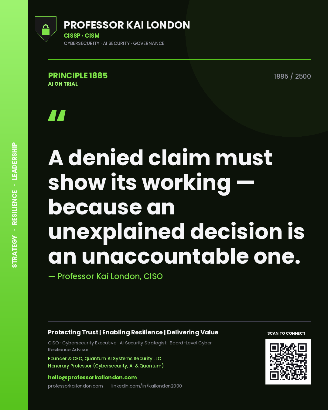 Quote card by Professor Kai London reading 'A denied claim must show its working — because an unexplained decision is an unaccountable one.'. From the book AI on Trial.