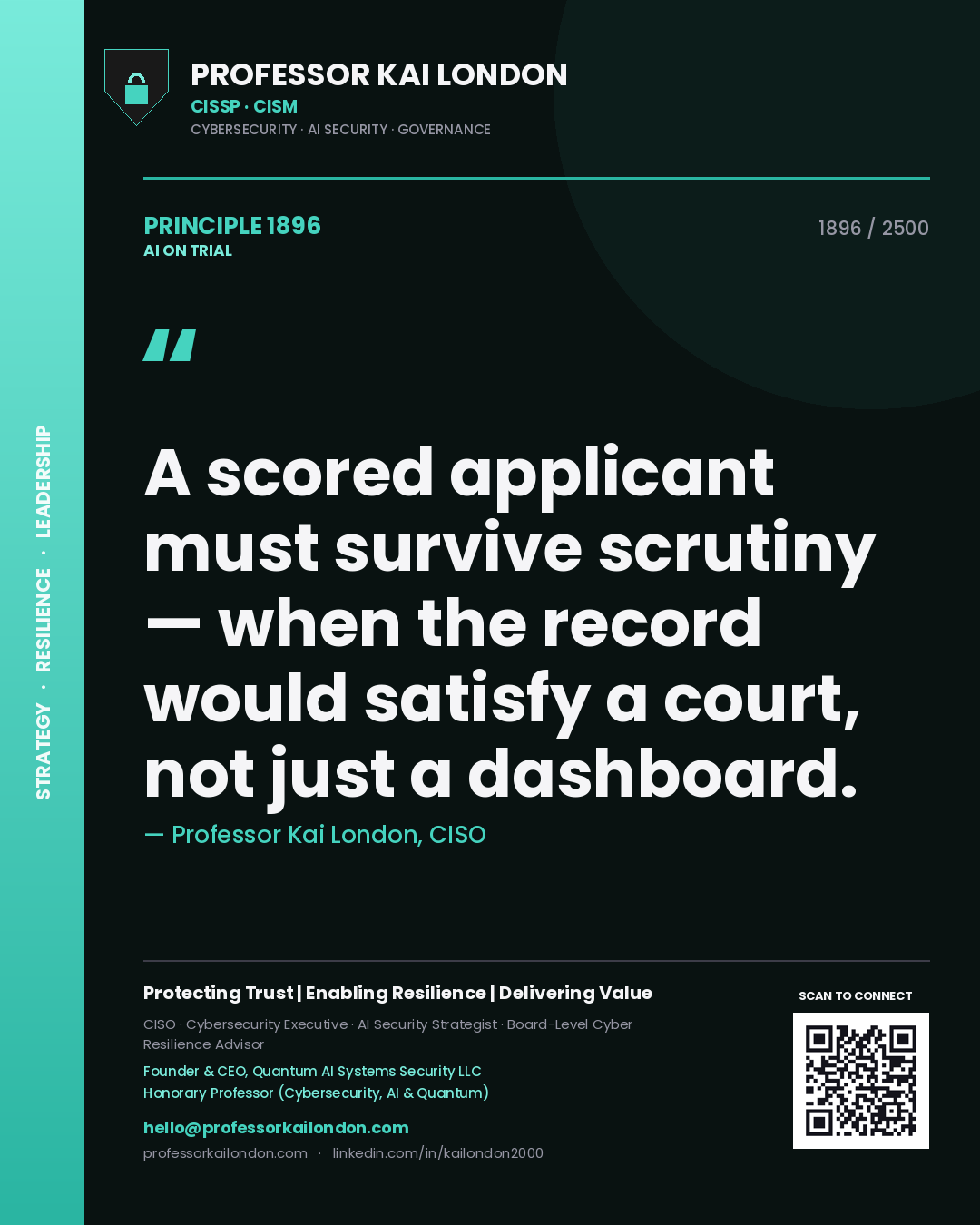 Professor Kai London principle 1896: A scored applicant must survive scrutiny — when the record would satisfy a court, not just a dashboard.