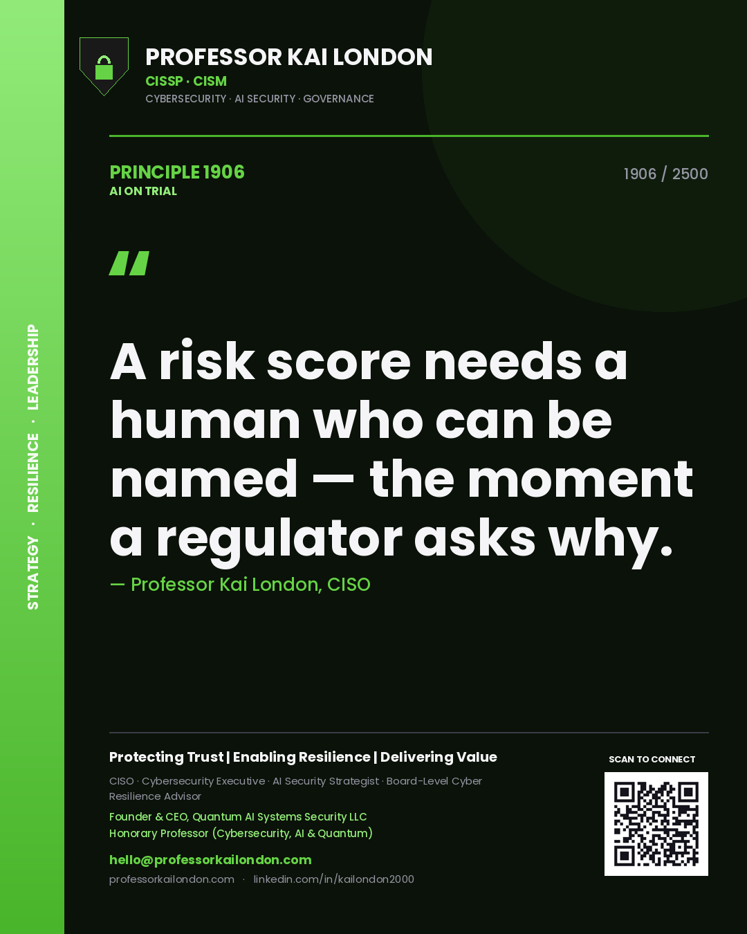 Quote card by Professor Kai London reading 'A risk score needs a human who can be named — the moment a regulator asks why.'. From the book AI on Trial.