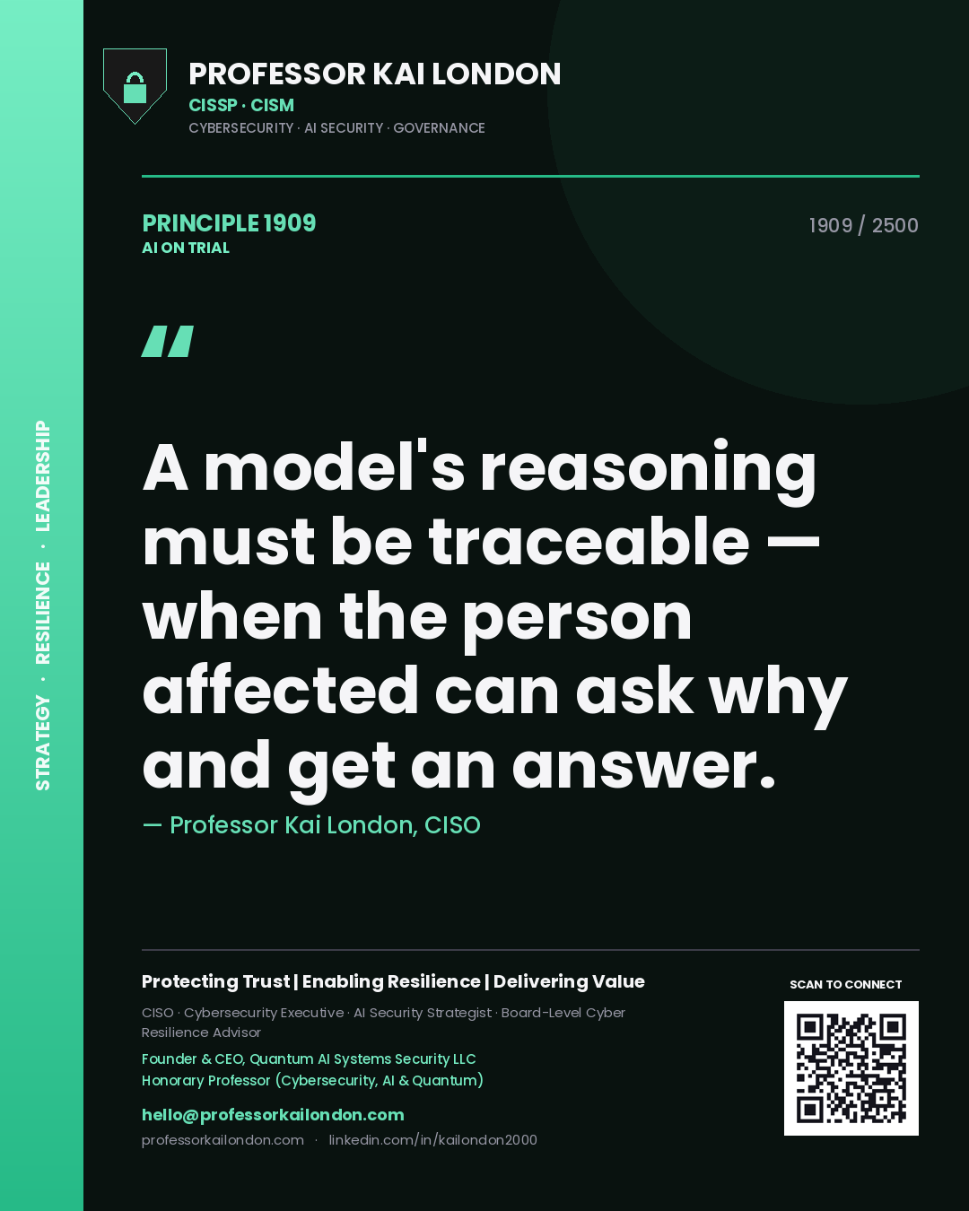 Quote card by Professor Kai London reading 'A model's reasoning must be traceable — when the person affected can ask why and get an answer.'. From the book AI on Trial.