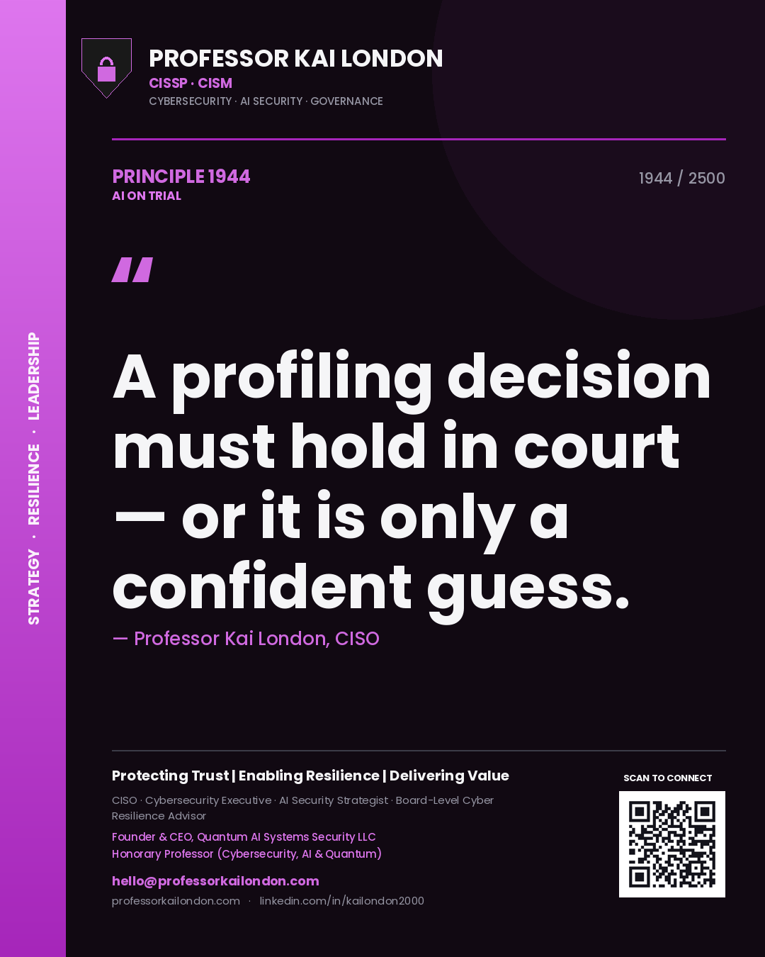 Quote card by Professor Kai London reading 'A profiling decision must hold in court — or it is only a confident guess.'. From the book AI on Trial.