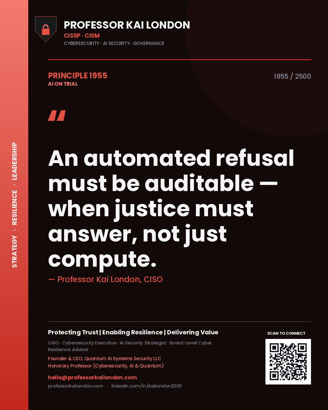 Quote card by Professor Kai London reading 'An automated refusal must be auditable — when justice must answer, not just compute.'. From the book AI on Trial.