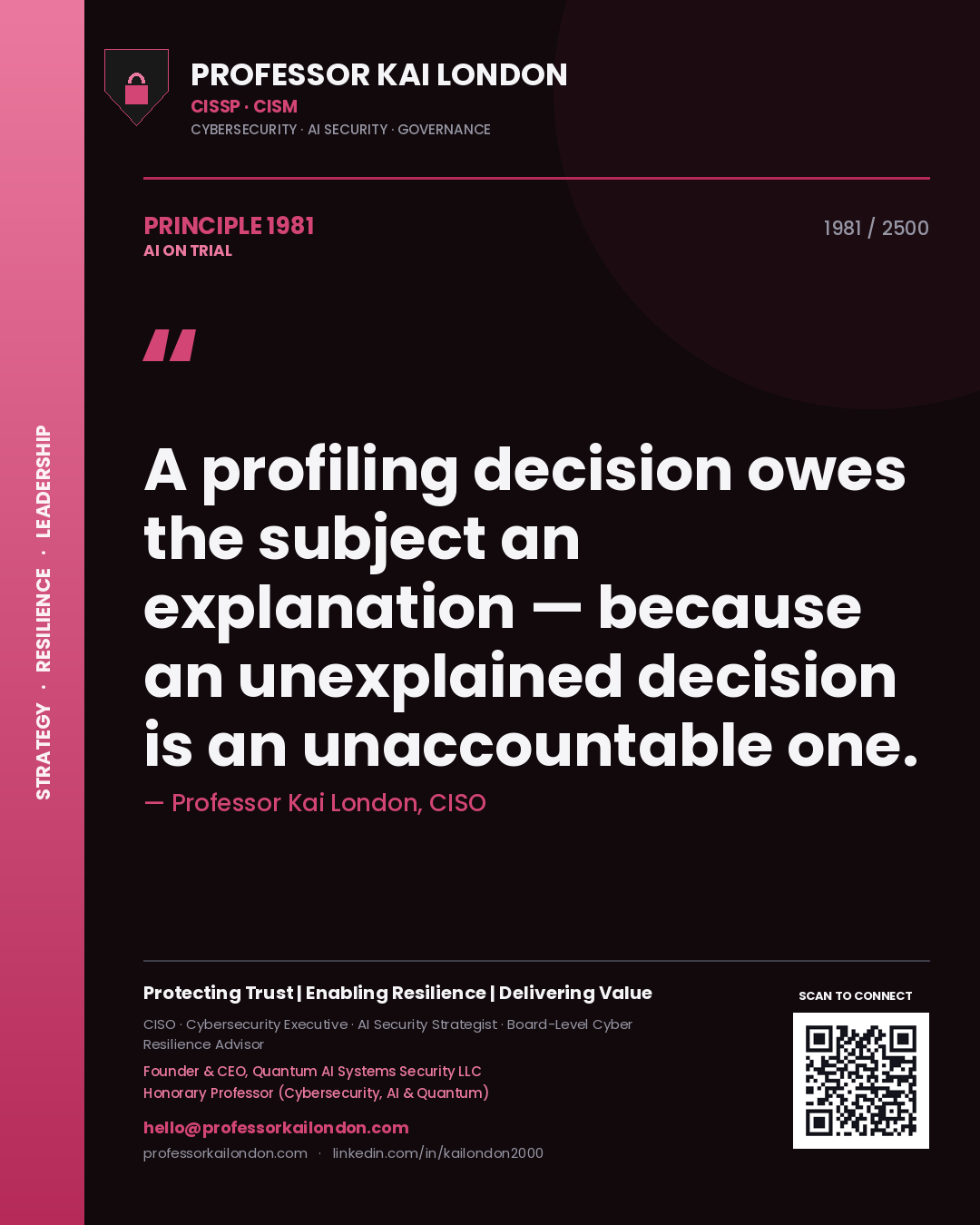 Quote card by Professor Kai London reading 'A profiling decision owes the subject an explanation — because an unexplained decision is an unaccountable one.'. From the book AI on Trial.