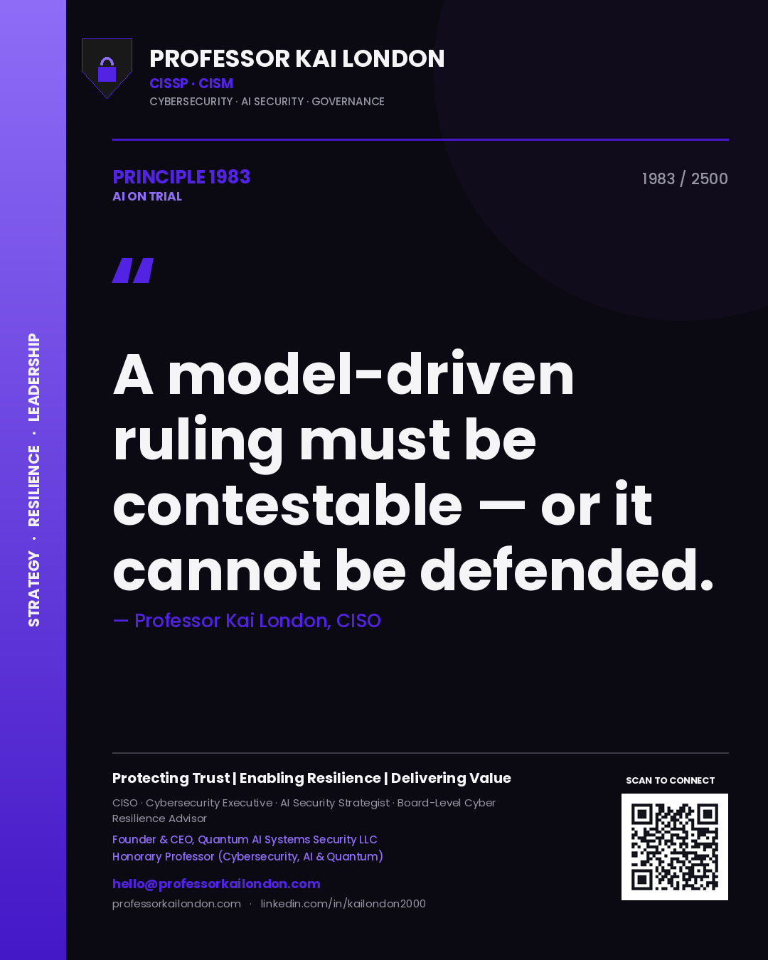 Quote card by Professor Kai London reading 'A model-driven ruling must be contestable — or it cannot be defended.'. From the book AI on Trial.