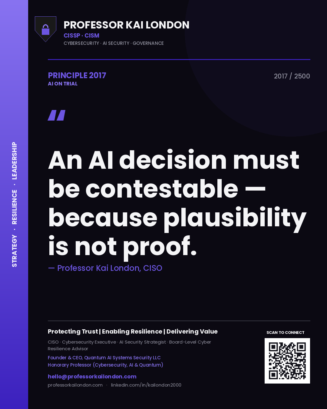 Quote card by Professor Kai London reading 'An AI decision must be contestable — because plausibility is not proof.'. From the book AI on Trial.