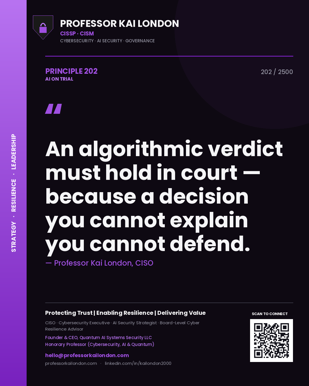 Professor Kai London principle 202: An algorithmic verdict must hold in court — because a decision you cannot explain you cannot defend.