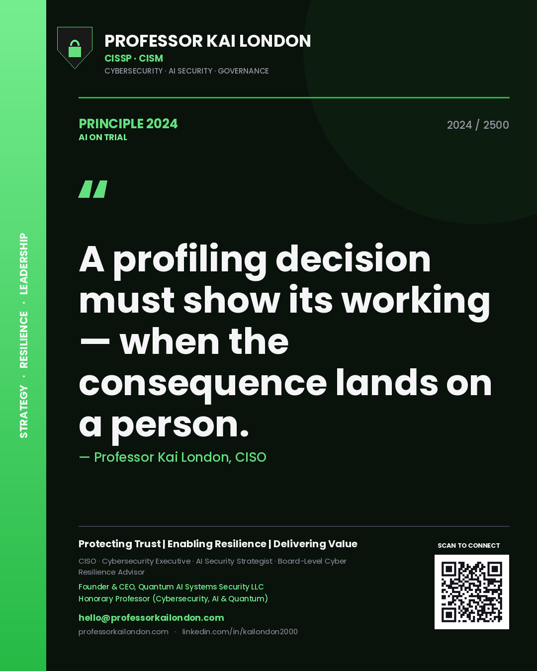 Professor Kai London principle 2024: A profiling decision must show its working — when the consequence lands on a person.