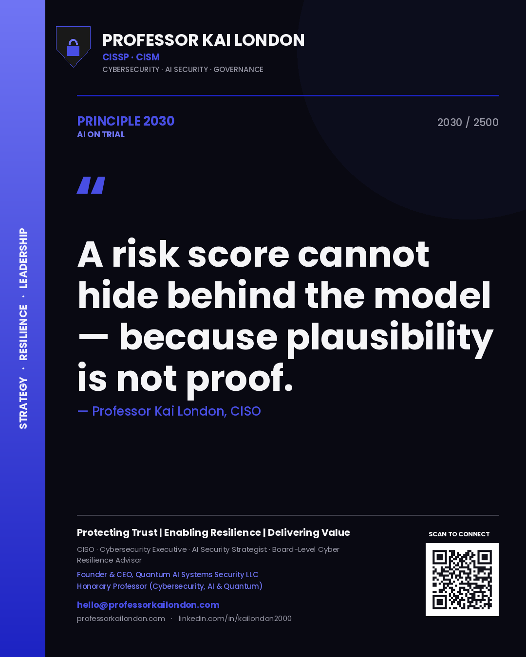 Professor Kai London principle 2030: A risk score cannot hide behind the model — because plausibility is not proof.