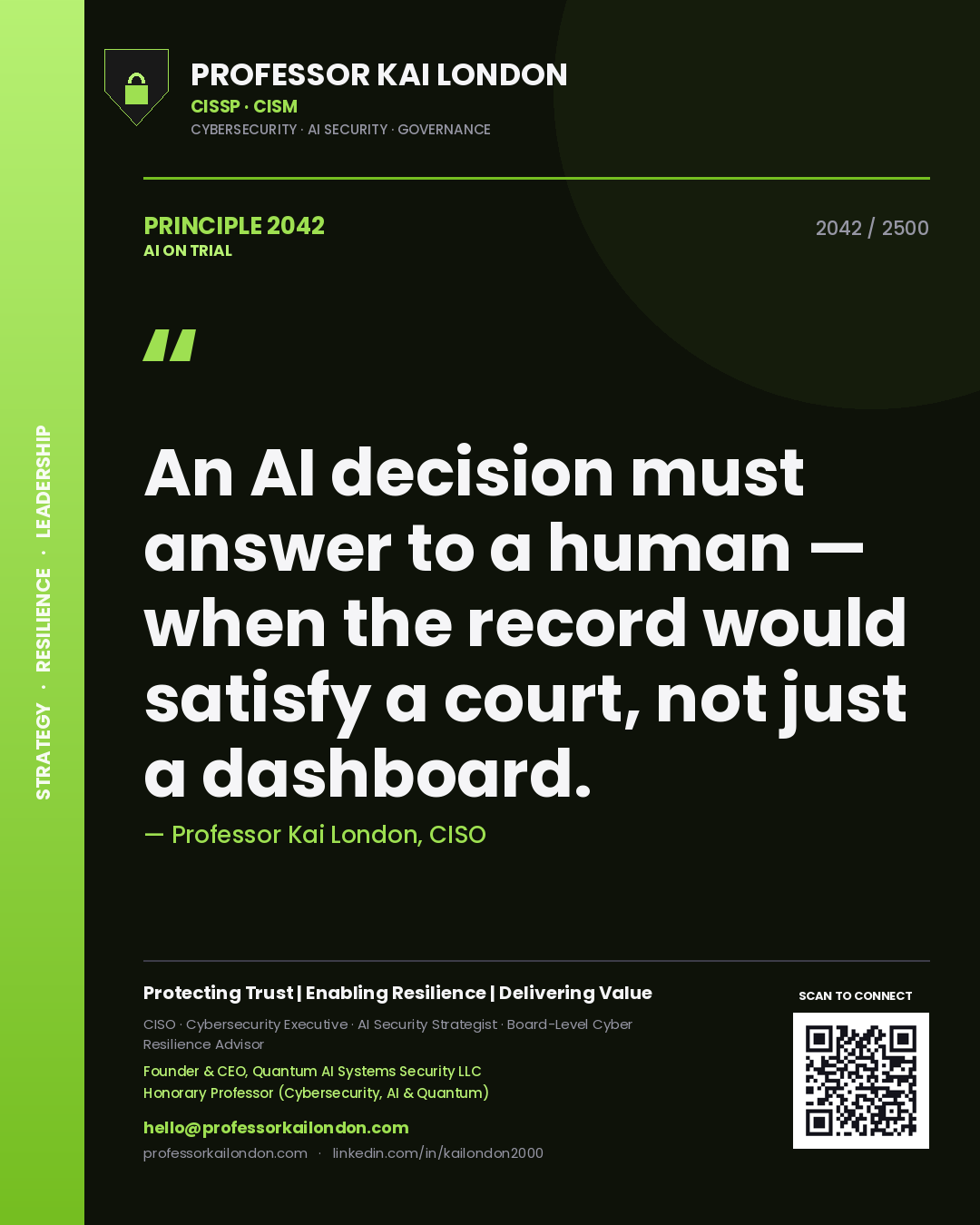Professor Kai London principle 2042: An AI decision must answer to a human — when the record would satisfy a court, not just a dashboard.