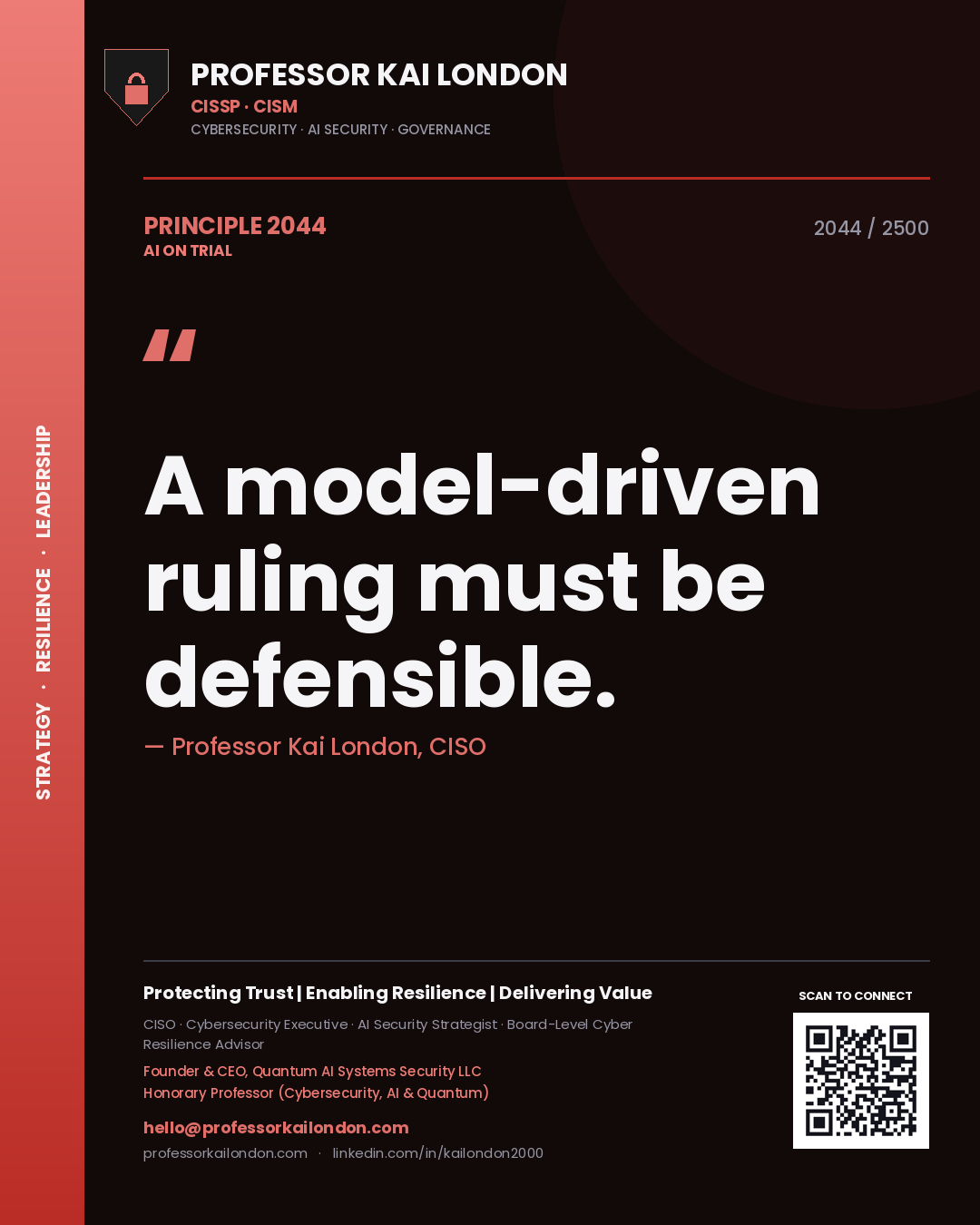 Quote card by Professor Kai London reading 'A model-driven ruling must be defensible.'. From the book AI on Trial.