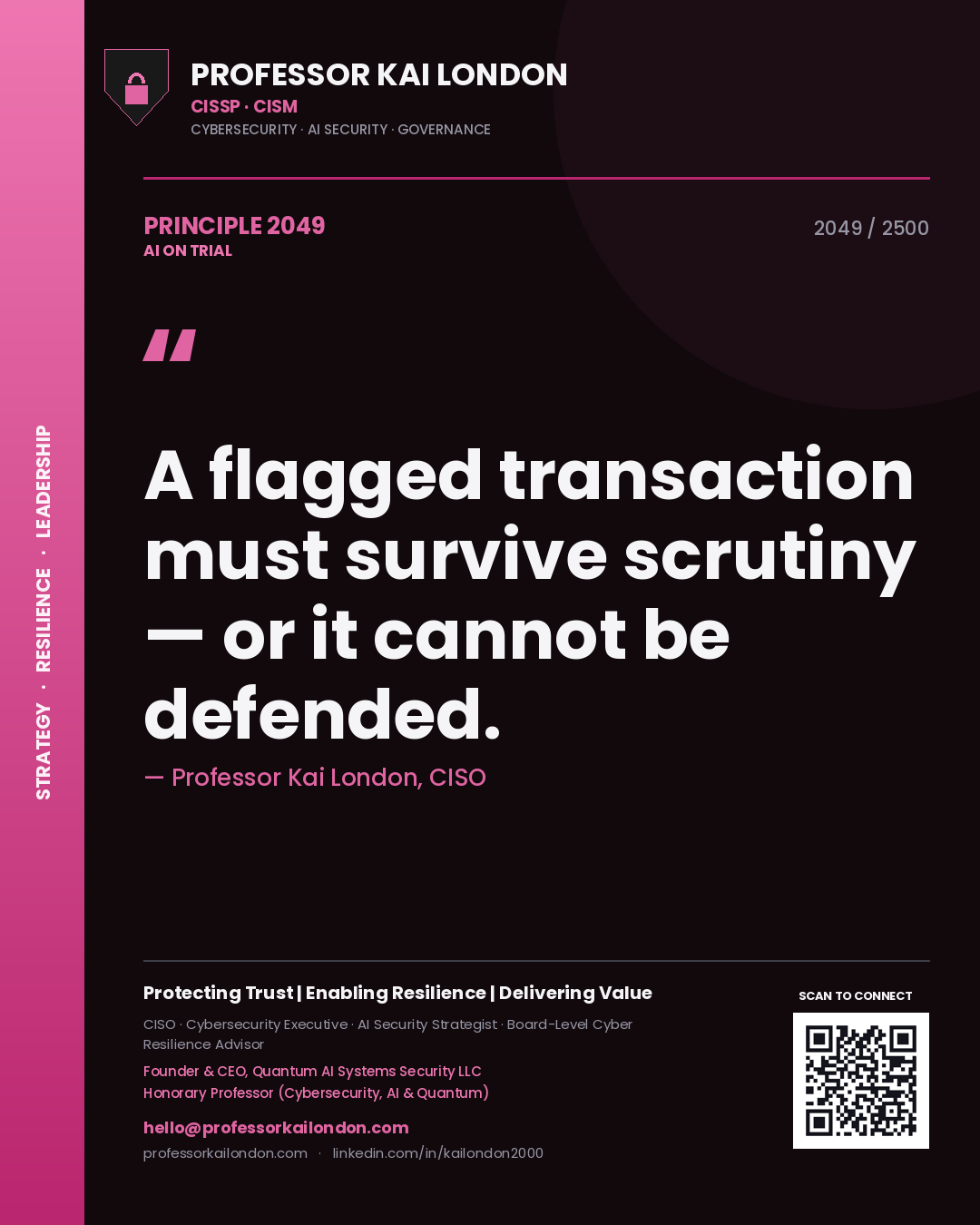 Professor Kai London principle 2049: A flagged transaction must survive scrutiny — or it cannot be defended.