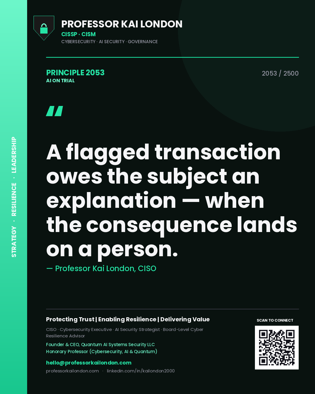 Quote card by Professor Kai London reading 'A flagged transaction owes the subject an explanation — when the consequence lands on a person.'. From the book AI on Trial.