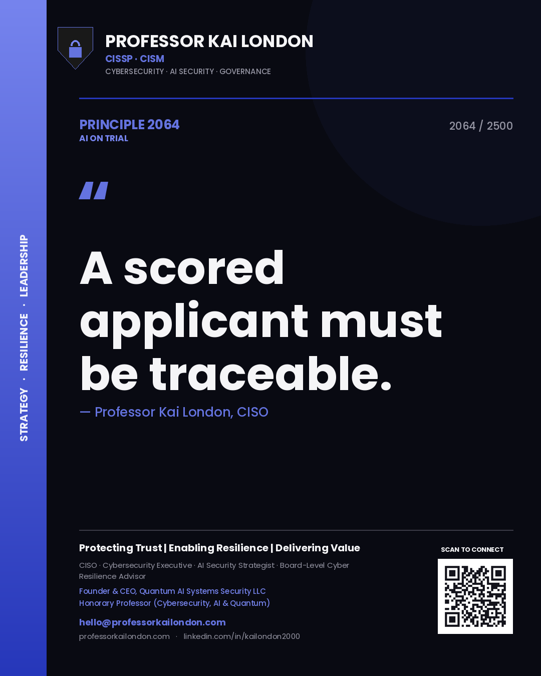 Quote card by Professor Kai London reading 'A scored applicant must be traceable.'. From the book AI on Trial.