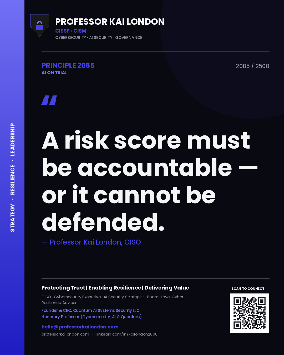 Quote card by Professor Kai London reading 'A risk score must be accountable — or it cannot be defended.'. From the book AI on Trial.