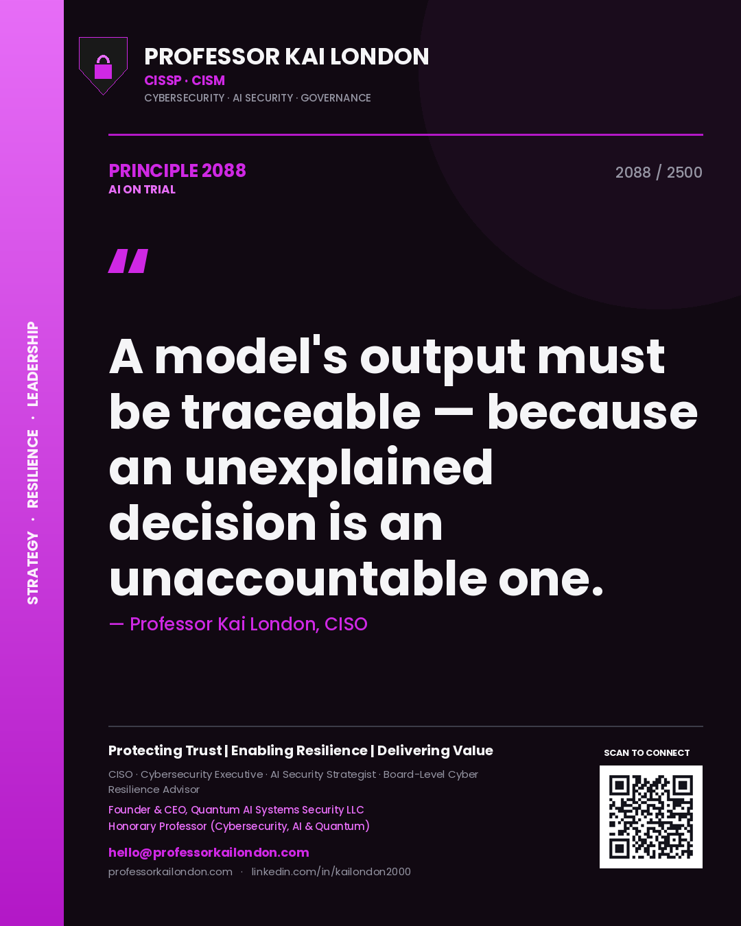 Quote card by Professor Kai London reading 'A model's output must be traceable — because an unexplained decision is an unaccountable one.'. From the book AI on Trial.