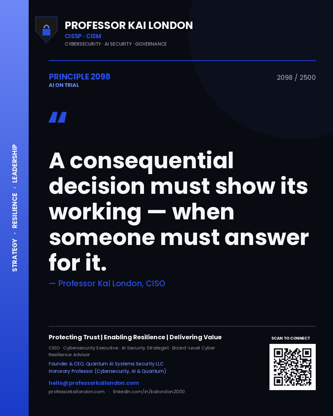 Quote card by Professor Kai London reading 'A consequential decision must show its working — when someone must answer for it.'. From the book AI on Trial.