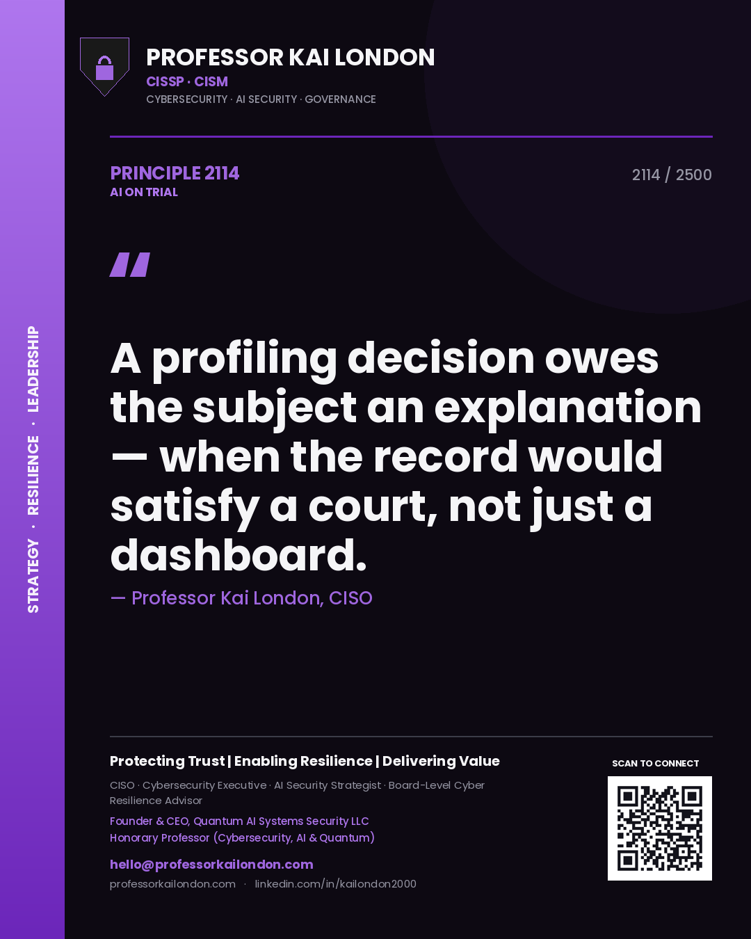 Professor Kai London principle 2114: A profiling decision owes the subject an explanation — when the record would satisfy a court, not just a dashboard.