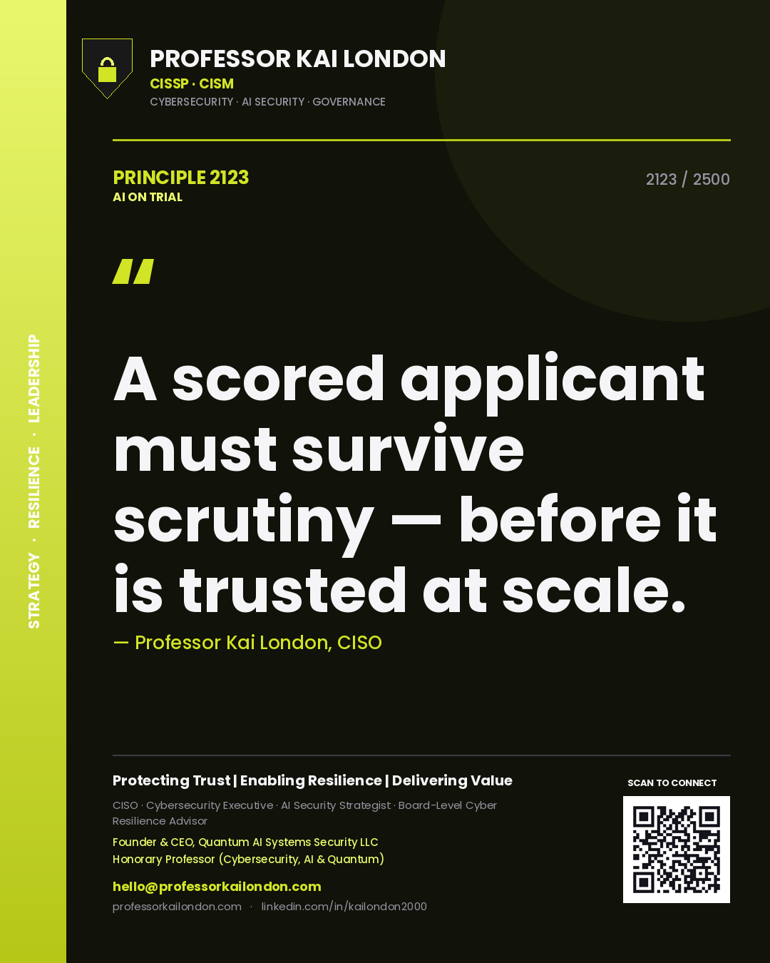 Professor Kai London principle 2123: A scored applicant must survive scrutiny — before it is trusted at scale.
