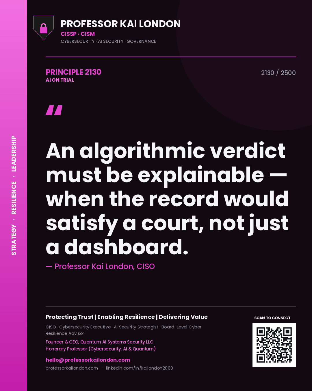 Professor Kai London principle 2130: An algorithmic verdict must be explainable — when the record would satisfy a court, not just a dashboard.