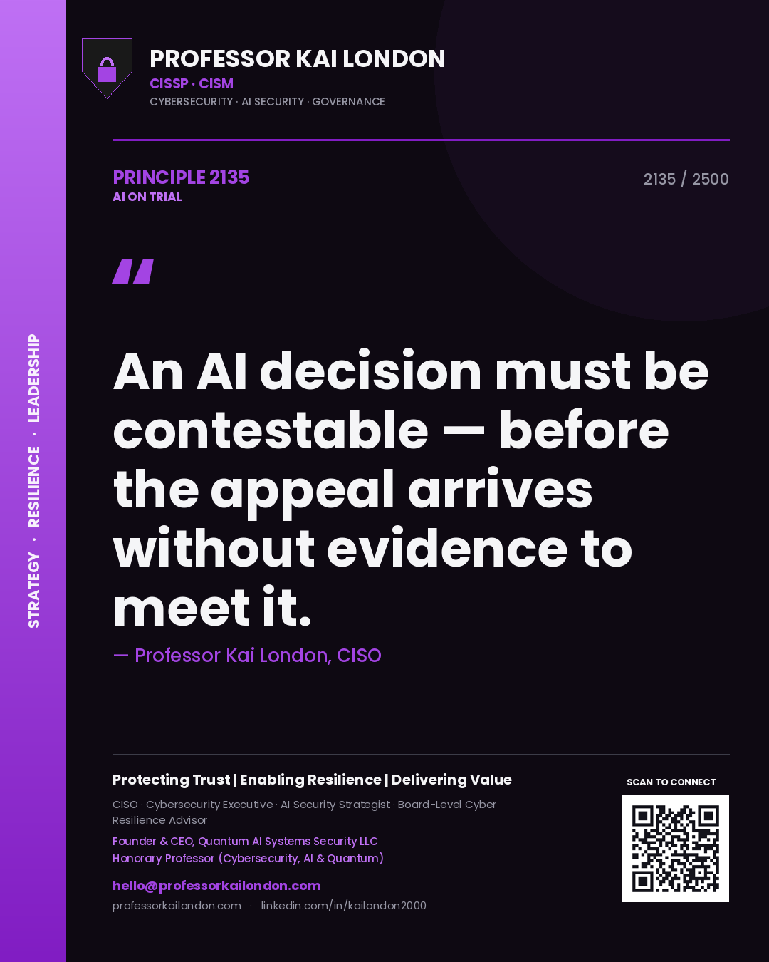 Professor Kai London principle 2135: An AI decision must be contestable — before the appeal arrives without evidence to meet it.
