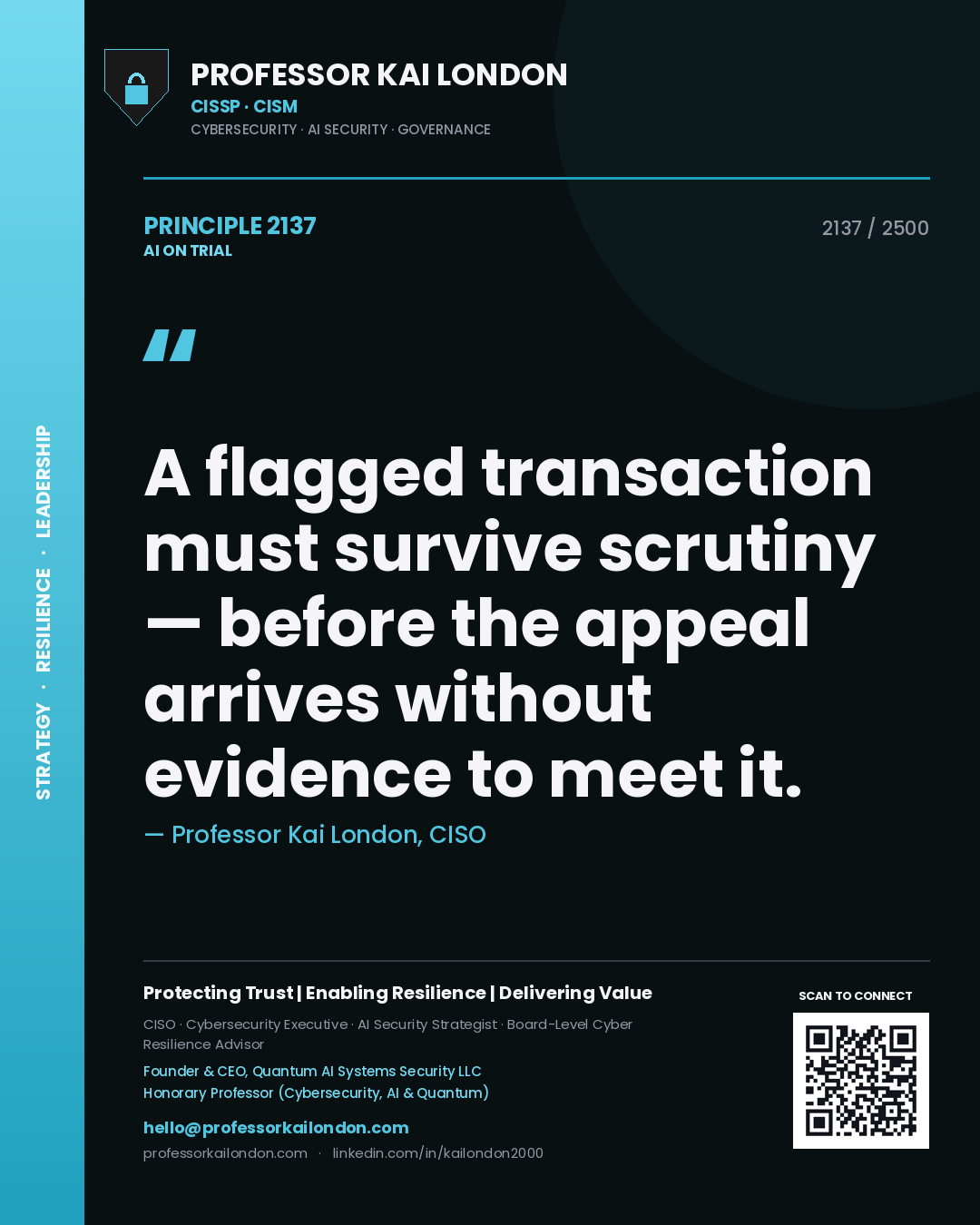 Professor Kai London principle 2137: A flagged transaction must survive scrutiny — before the appeal arrives without evidence to meet it.