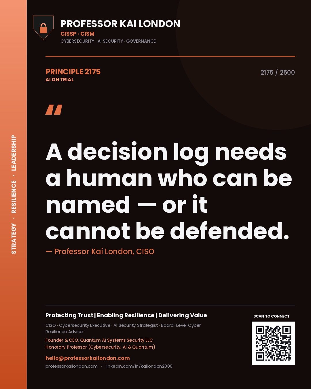Professor Kai London principle 2175: A decision log needs a human who can be named — or it cannot be defended.
