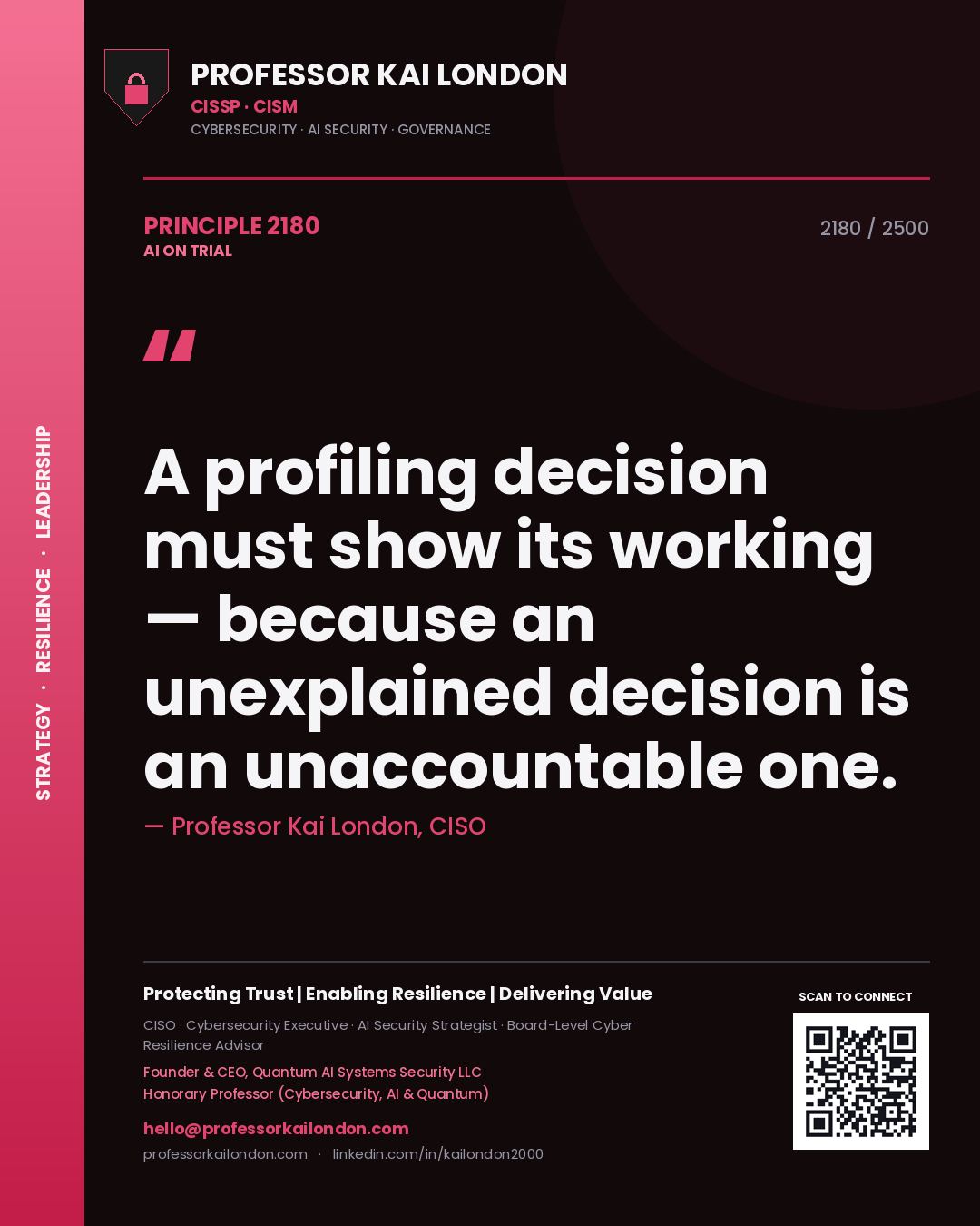 Quote card by Professor Kai London reading 'A profiling decision must show its working — because an unexplained decision is an unaccountable one.'. From the book AI on Trial.